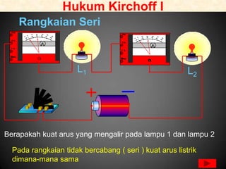 Hukum Kirchoff I
    Rangkaian Seri



                      L1                                L2




Berapakah kuat arus yang mengalir pada lampu 1 dan lampu 2

  Pada rangkaian tidak bercabang ( seri ) kuat arus listrik
  dimana-mana sama
 