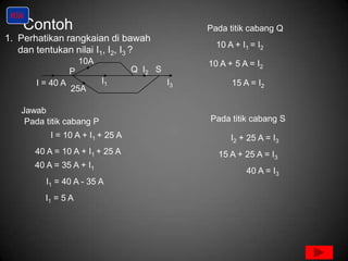 Klik
    Contoh                                       Pada titik cabang Q
1. Perhatikan rangkaian di bawah
                                                   10 A + I1 = I2
   dan tentukan nilai I1, I2, I3 ?
                       10A                       10 A + 5 A = I2
                   P               Q I2 S
        I = 40 A             I1             I3         15 A = I2
                   25A

    Jawab
     Pada titik cabang P                         Pada titik cabang S
            I = 10 A + I1 + 25 A                       I2 + 25 A = I3
        40 A = 10 A + I1 + 25 A                    15 A + 25 A = I3
        40 A = 35 A + I1
                                                           40 A = I3
           I1 = 40 A - 35 A
          I1 = 5 A
 