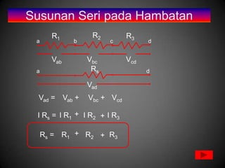 Susunan Seri pada Hambatan
       R1             R2         R3
 a              b          c           d


       Vab           Vbc         Vcd
 a                    Rs               d

                     Vad
  Vad =      Vab +   Vbc + Vcd

 I Rs = I R1 + I R2 + I R3

     Rs = R1 + R2 + R3
 