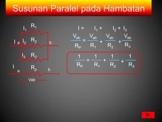 Susunan Paralel pada Hambatan

        I1 R1            I=       I1 +      I2 + I3
                       Vab       Vab     Vab     Vab
I   a   I2 R2      b         =         +       +
                       RP        R1      R2       R3
        I3    R3        1    1    1    1
                           =    +    +
I                       RP   R1   R2   R3
              Rp   b
    a

             Vab
 