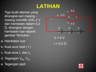 LATIHAN
  Tiga buah elemen yang                        I1 6 Ω
  dirangkai seri masing –            a 3Ω
                                                b            c
  masing memiliki GGL 4 V      I
                                               I2
  dan hambatan dalam 0,2                                4Ω
  Ω, dirangkai dengan                 E         E                E
  hambatan luar seperti               r             r            r
  gambar Tentukan :
                                   V=4V
a. Hambatan luar
                                   r = 0,2 Ω
b. Kuat arus total ( I )
c. Kuat arus I1 dan I2
d. Tegangan Vab, Vbc
e. Tegangan jepit
 