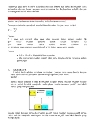 “Besarnya gaya tarik menarik atau tolak menolak antara dua benda bermuatan listrik
sebanding dengan besar muatan masing-masing dan berbanding terbalik dengan
kuadrat jarak antara kedua benda”.
Muatan yang sejenis akan saling tolak (plus dengan plus, minus dengan minus)
Muatan yang berlawanan jenis akan saling tarik(plus dengan minus)
Besar gaya tarik atau gaya tolak tersebut bisa ditemukan dengan rumus berikut:
Dimana
F = gaya tarik menarik atau gaya tolak menolak dalam satuan newton (N)
q1 = besar muatan pertama dalam satuan coulomb (C)
q2 = besar muatan kedua dalam satuan coulomb (C)
k = konstanta gaya coulomb yang nilainya 9 x 109 dalam satuan yang standar
Catatan
 1μC = 10−6 C = 0,000001 C (sepersejuta)
 Jika menjumpai muatan negatif, tidak perlu diikutkan tanda minusnya dalam
perhitungan
E. Induksi Listrik
Induksi listrik adalah peristiwa pemisahan muatan pada suatu benda karena
pada benda tersebut didekati benda lain yang bermuatan listrik.
Contoh :
Benda netral didekati benda bermuatan negatif, maka muatan-muatan negatif
benda netral tertolak menjauh, sedangkan muatan-muatan positif mendekati
benda yang menginduksi.
Benda netral didekati benda bermuatan positif, maka muatan-muatan positif benda
netral tertolak menjauh, sedangkan muatan-muatan negatif mendekati benda yang
menginduksi.
 