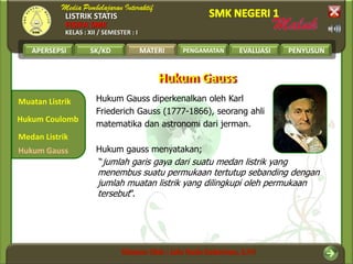 LISTRIK STATIS
FISIKA SMK
KELAS : XII / SEMESTER : I
APERSEPSI SK/KD MATERI PENGAMATAN EVALUASI PENYUSUN
Muatan Listrik
Medan Listrik
Hukum Coulomb
MATERI
Hukum Gauss
Hukum GaussHukum Gauss
Hukum Gauss diperkenalkan oleh Karl
Friederich Gauss (1777-1866), seorang ahli
matematika dan astronomi dari jerman.
Hukum gauss menyatakan;
“jumlah garis gaya dari suatu medan listrik yang
menembus suatu permukaan tertutup sebanding dengan
jumlah muatan listrik yang dilingkupi oleh permukaan
tersebut”.
 