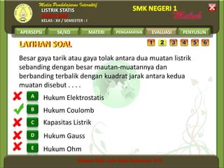 LISTRIK STATIS
FISIKA SMK
KELAS : XII / SEMESTER : I
APERSEPSI SK/KD MATERI PENGAMATAN EVALUASI PENYUSUN
B
A
C
D
E
LATIHAN SOALLATIHAN SOAL
EVALUASI
Hukum Ohm
Hukum Gauss
Kapasitas Listrik
Hukum Coulomb
Hukum Elektrostatis
Besar gaya tarik atau gaya tolak antara dua muatan listrik
sebanding dengan besar mautan-muatannya dan
berbanding terbalik dengan kuadrat jarak antara kedua
muatan disebut . . . .
 