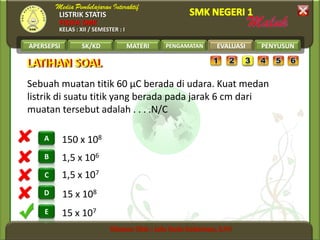 LISTRIK STATIS
FISIKA SMK
KELAS : XII / SEMESTER : I
APERSEPSI SK/KD MATERI PENGAMATAN EVALUASI PENYUSUN
E
D
C
B
A
LATIHAN SOALLATIHAN SOAL
EVALUASI
15 x 107
15 x 108
1,5 x 107
1,5 x 106
150 x 108
Sebuah muatan titik 60 μC berada di udara. Kuat medan
listrik di suatu titik yang berada pada jarak 6 cm dari
muatan tersebut adalah . . . .N/C
 
