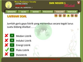 LISTRIK STATIS
FISIKA SMK
KELAS : XII / SEMESTER : I
APERSEPSI SK/KD MATERI PENGAMATAN EVALUASI PENYUSUN
D
C
B
A
E
LATIHAN SOALLATIHAN SOAL
EVALUASI
Dielektrik
Fluks Listrik
Energi Listrik
Induksi Listrik
Medan Listrik
Jumlah garis gaya listrik yang menembus secara tegak lurus
suatu bidang disebut . . . .
 