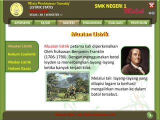 LISTRIK STATIS
FISIKA SMK
KELAS : XII / SEMESTER : I
APERSEPSI SK/KD MATERI PENGAMATAN EVALUASI PENYUSUN
Muatan Listrik
Medan Listrik
Hukum Coulomb
MATERI
Hukum Gauss
Muatan listrik petama kali diperkenalkan
Oleh fisikawan Benjamin Franklin
(1706-1790). Dengan menggunakan botol
leyden ia menerbangkan layang-layang
ketika banyak terjadi kilat.
Melalui tali layang-layang yang
dilapisi logam ia berhasil
mengalirkan muatan ke dalam
botol tersebut.
Muatan ListrikMuatan Listrik
 