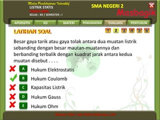 LISTRIK STATIS
FISIKA SMA
KELAS : XII / SEMESTER : I
APERSEPSI KD MATERI PENGAMATAN EVALUASI PENYUSUN
B
A
C
D
E
LATIHAN SOALLATIHAN SOAL
EVALUASI
Hukum Ohm
Hukum Gauss
Kapasitas Listrik
Hukum Coulomb
Hukum Elektrostatis
Besar gaya tarik atau gaya tolak antara dua muatan listrik
sebanding dengan besar mautan-muatannya dan
berbanding terbalik dengan kuadrat jarak antara kedua
muatan disebut . . . .
 