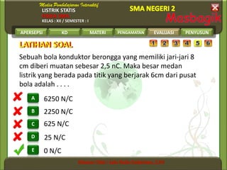 LISTRIK STATIS
FISIKA SMA
KELAS : XII / SEMESTER : I
APERSEPSI KD MATERI PENGAMATAN EVALUASI PENYUSUN
E
D
C
B
A
LATIHAN SOALLATIHAN SOAL
EVALUASI
0 N/C
25 N/C
625 N/C
2250 N/C
6250 N/C
Sebuah bola konduktor berongga yang memiliki jari-jari 8
cm diberi muatan sebesar 2,5 nC. Maka besar medan
listrik yang berada pada titik yang berjarak 6cm dari pusat
bola adalah . . . .
 