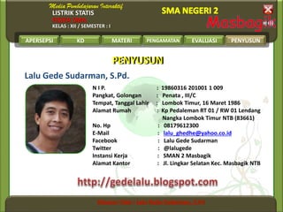 LISTRIK STATIS
FISIKA SMA
KELAS : XII / SEMESTER : I
APERSEPSI KD MATERI PENGAMATAN EVALUASI PENYUSUN
Lalu Gede Sudarman, S.Pd.
N I P. : 19860316 201001 1 009
Pangkat, Golongan : Penata , III/C
Tempat, Tanggal Lahir : Lombok Timur, 16 Maret 1986
Alamat Rumah : Kp Pedaleman RT 01 / RW 01 Lendang
Nangka Lombok Timur NTB (83661)
No. Hp : 08179612300
E-Mail : lalu_ghedhe@yahoo.co.id
Facebook : Lalu Gede Sudarman
Twitter : @lalugede
Instansi Kerja : SMAN 2 Masbagik
Alamat Kantor : Jl. Lingkar Selatan Kec. Masbagik NTB
PENYUSUNPENYUSUN
PENYUSUN
 