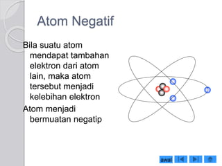 Atom Negatif 
Bila suatu atom 
mendapat tambahan 
elektron dari atom 
lain, maka atom 
tersebut menjadi 
kelebihan elektron 
Atom menjadi 
bermuatan negatip 
awal 
 