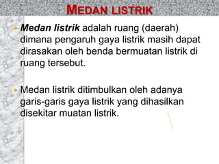 MEDAN LISTRIK 
 Medan listrik adalah ruang (daerah) 
dimana pengaruh gaya listrik masih dapat 
dirasakan oleh benda bermuatan listrik di 
ruang tersebut. 
 Medan listrik ditimbulkan oleh adanya 
garis-garis gaya listrik yang dihasilkan 
disekitar muatan listrik. 
 