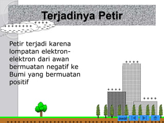 Terjadinya Petir 
Petir terjadi karena 
lompatan elektron-elektron 
dari awan 
bermuatan negatif ke 
Bumi yang bermuatan 
positif 
awal 
 