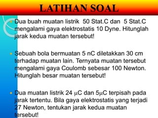 LATIHAN SOAL 
 Dua buah muatan listrik 50 Stat.C dan 5 Stat.C 
mengalami gaya elektrostatis 10 Dyne. Hitunglah 
jarak kedua muatan tersebut! 
 Sebuah bola bermuatan 5 nC diletakkan 30 cm 
terhadap muatan lain. Ternyata muatan tersebut 
mengalami gaya Coulomb sebesar 100 Newton. 
Hitunglah besar muatan tersebut! 
 Dua muatan listrik 24 C dan 5C terpisah pada 
jarak tertentu. Bila gaya elektrostatis yang terjadi 
27 Newton, tentukan jarak kedua muatan 
tersebut! 
 