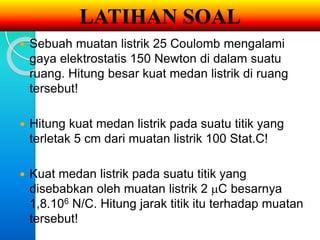LATIHAN SOAL 
 Sebuah muatan listrik 25 Coulomb mengalami 
gaya elektrostatis 150 Newton di dalam suatu 
ruang. Hitung besar kuat medan listrik di ruang 
tersebut! 
 Hitung kuat medan listrik pada suatu titik yang 
terletak 5 cm dari muatan listrik 100 Stat.C! 
 Kuat medan listrik pada suatu titik yang 
disebabkan oleh muatan listrik 2 C besarnya 
1,8.106 N/C. Hitung jarak titik itu terhadap muatan 
tersebut! 
 
