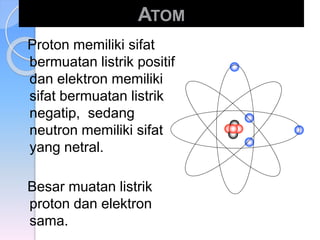 ATOM 
Proton memiliki sifat 
bermuatan listrik positif 
dan elektron memiliki 
sifat bermuatan listrik 
negatip, sedang 
neutron memiliki sifat 
yang netral. 
Besar muatan listrik 
proton dan elektron 
sama. 
 