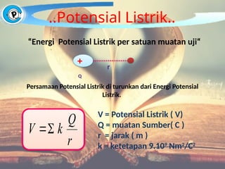 ..Potensial Listrik..
“Energi Potensial Listrik per satuan muatan uji“
Persamaan Potensial Listrik di turunkan dari Energi Potensial
Listrik.
r
Q
k
V 

V = Potensial Listrik ( V)
Q = muatan Sumber( C )
r = jarak ( m )
k = ketetapan 9.109
Nm2
/C2
Q
+ r
 
