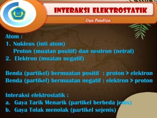 Interaksi elektrostatik
Osa Pauliza
Atom :
1. Nukleus (inti atom)
Proton (muatan positif) dan neutron (netral)
2. Elektron (muatan negatif)
Benda (partikel) bermuatan positif : proton > elektron
Benda (partikel) bermuatan negatif : elektron > proton
Interaksi elektrostatik :
a. Gaya Tarik Menarik (partikel berbeda jenis)
b. Gaya Tolak menolak (partikel sejenis)
 