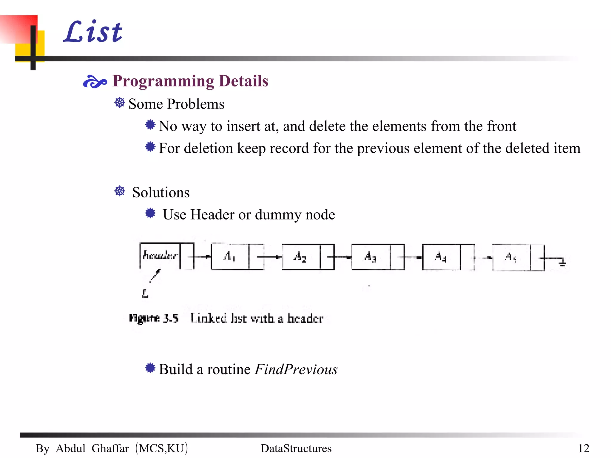 List Programming Details Some Problems No way to insert at, and delete the elements from the front For deletion keep record for the previous element of the deleted item Solutions Use Header or dummy node Build a routine  FindPrevious 