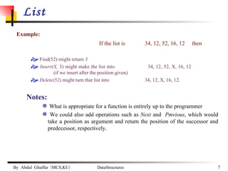 List Example:  If the list is 34, 12, 52, 16, 12  then Find(52) might return  3 Insert(X,  3) might make the list into  34, 12, 52, X, 16, 12  (if we insert after the position given) Delete(52)  might turn that list into   34, 12, X, 16, 12. Notes: What is appropriate for a function is entirely up to the programmer We could also add operations such as  Next  and  Pmvious , which would take a position as argument and return the position of the successor and predecessor, respectively.   
