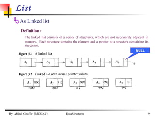 List As Linked list Definition: The linked list consists of a series of structures, which are not necessarily adjacent in memory.  Each structure contains the element and a pointer to a structure containing its successor. NULL 