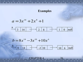 Examples


a = 3x + 2 x +1
         14       8


a
    3   14            2   8      1        0   null



b = 8 x 14 − 3x 10 +10 x 6
b
    8   14            -3 10      10       6   null


              CHAPTER 4              26
 