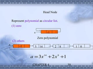 Head Node

    Represent polynomial as circular list.
    (1) zero

                      a            -1
                          Zero polynomial
    (2) others
a
          -1           3 14             2       8        1   0


                   a = 3x + 2 x +1
                              14            8



                     CHAPTER 4                      39
 