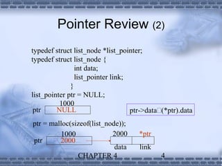 Pointer Review (2)
typedef struct list_node *list_pointer;
typedef struct list_node {
                int data;
                list_pointer link;
              }
list_pointer ptr = NULL;
          1000
 ptr     NULL                      ptr->data(*ptr).data
ptr = malloc(sizeof(list_node));
         1000              2000      *ptr
ptr      2000
                            data     link
               CHAPTER 4                     4
 