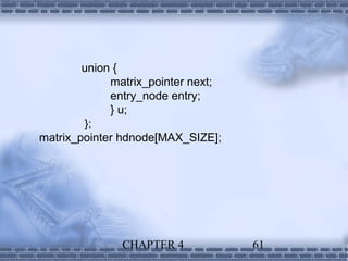 union {
             matrix_pointer next;
             entry_node entry;
             } u;
        };
matrix_pointer hdnode[MAX_SIZE];




               CHAPTER 4            61
 