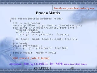 Free the entry and head nodes by row.
                   Erase a Matrix
void merase(matrix_pointer *node)
{
  int i, num_heads;
  matrix_pointer x, y, head = (*node)->right;
  for (i=0; i<(*node)->u.entry.row; i++) {
    y=head->right;
    while (y!=head) {
      x = y; y = y->right; free(x);
    }
    x= head; head= head->u.next; free(x);
  }
  y = head;
  while (y!=*node) {
    x = y; y = y->u.next; free(x);
  }
  free(*node); *node = NULL;
}
  O(#_rows+#_cols+#_terms)
Alternative: 利用 Fig 4.14 的技巧，把一列資料 erase (constant time)
                  CHAPTER 4                   68
 