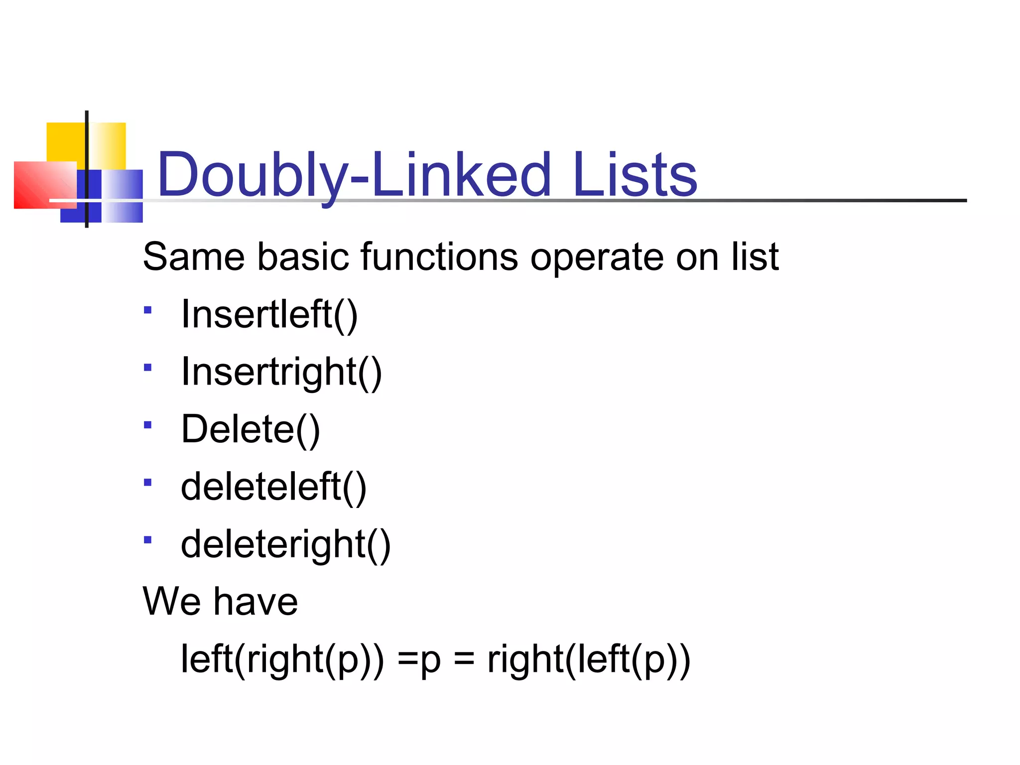 Same basic functions operate on list
 Insertleft()
 Insertright()
 Delete()
 deleteleft()
 deleteright()
We have
left(right(p)) =p = right(left(p))
Doubly-Linked Lists
 