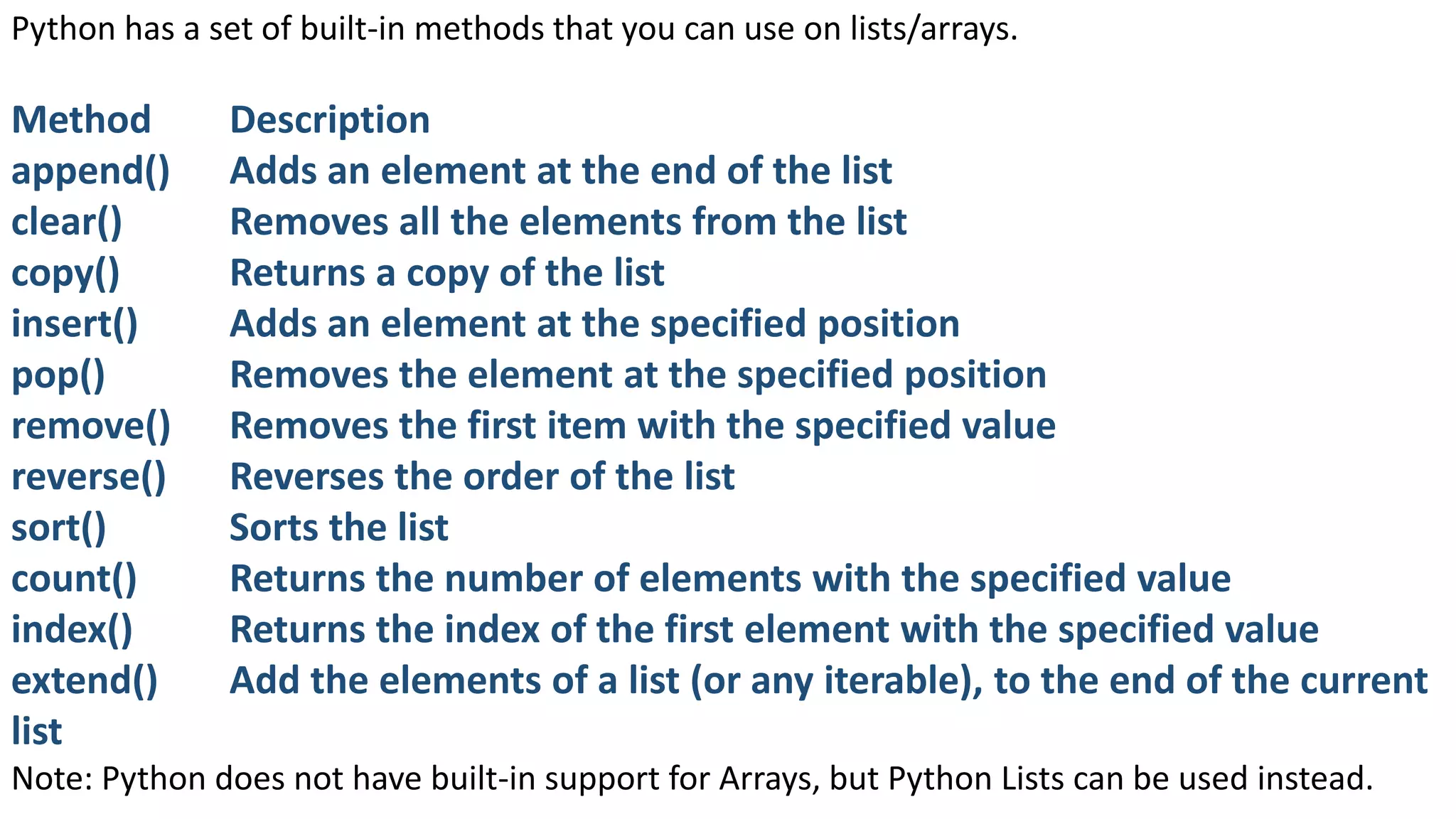 Python has a set of built-in methods that you can use on lists/arrays.
Method Description
append() Adds an element at the end of the list
clear() Removes all the elements from the list
copy() Returns a copy of the list
insert() Adds an element at the specified position
pop() Removes the element at the specified position
remove() Removes the first item with the specified value
reverse() Reverses the order of the list
sort() Sorts the list
count() Returns the number of elements with the specified value
index() Returns the index of the first element with the specified value
extend() Add the elements of a list (or any iterable), to the end of the current
list
Note: Python does not have built-in support for Arrays, but Python Lists can be used instead.
 
