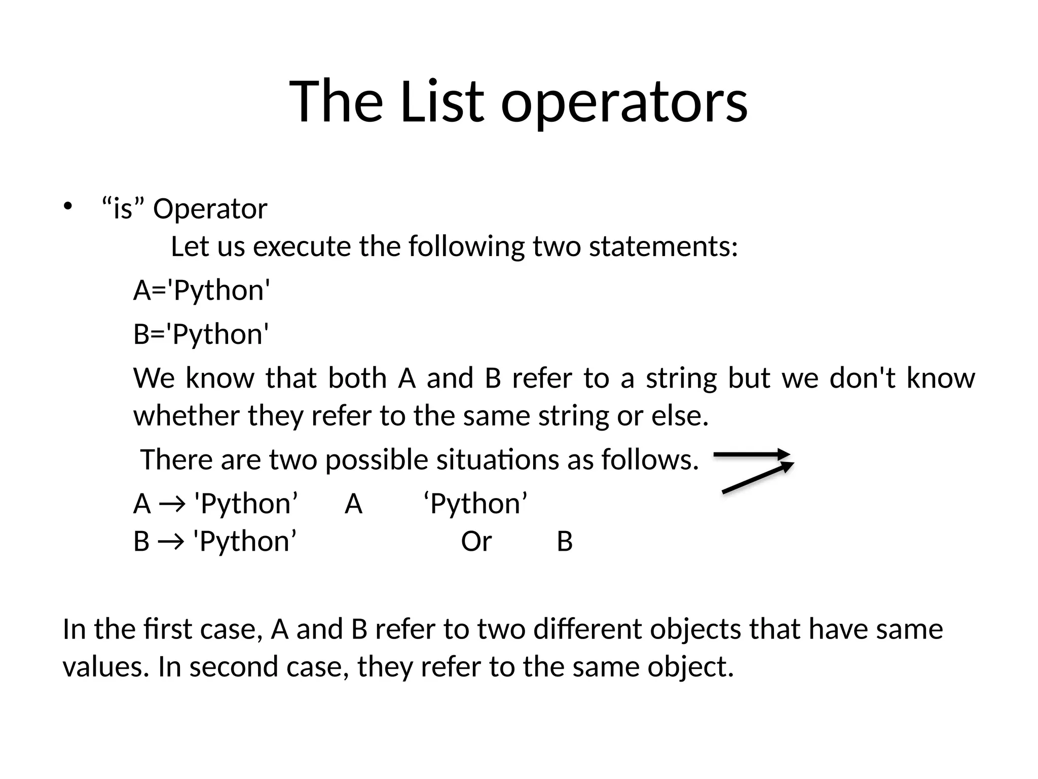 The List operators
• “is” Operator
Let us execute the following two statements:
A='Python'
B='Python'
We know that both A and B refer to a string but we don't know
whether they refer to the same string or else.
There are two possible situations as follows.
A → 'Python’ A ‘Python’
B → 'Python’ Or B
In the first case, A and B refer to two different objects that have same
values. In second case, they refer to the same object.
 