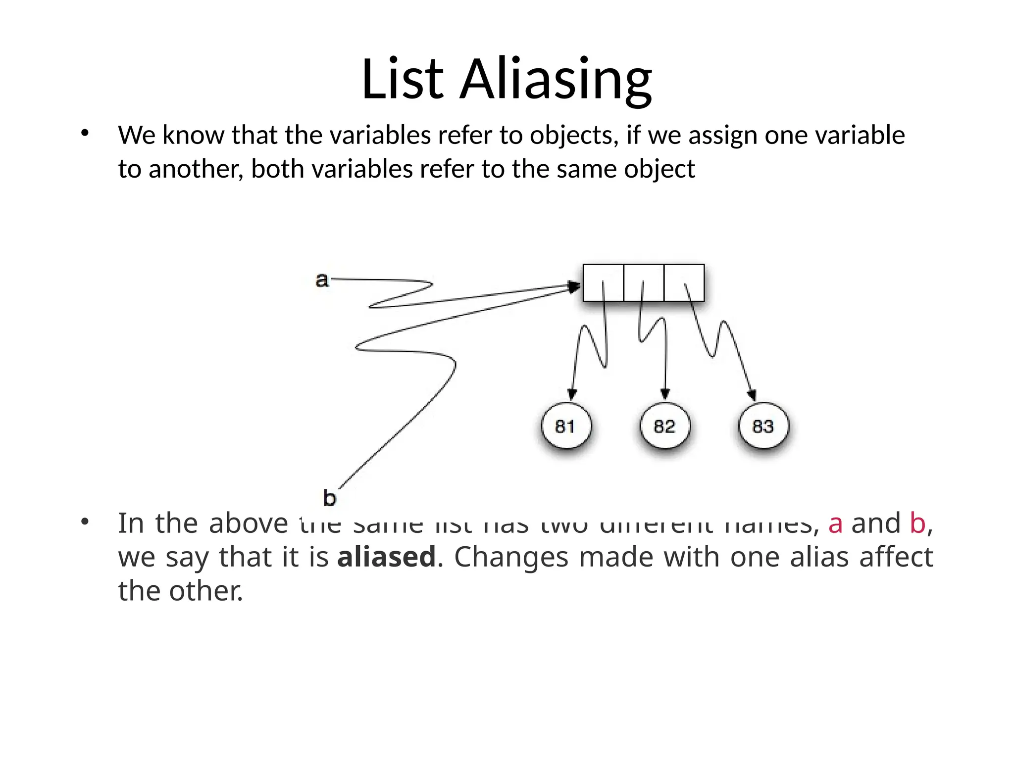List Aliasing
• We know that the variables refer to objects, if we assign one variable
to another, both variables refer to the same object
• In the above the same list has two different names, a and b,
we say that it is aliased. Changes made with one alias affect
the other.
 