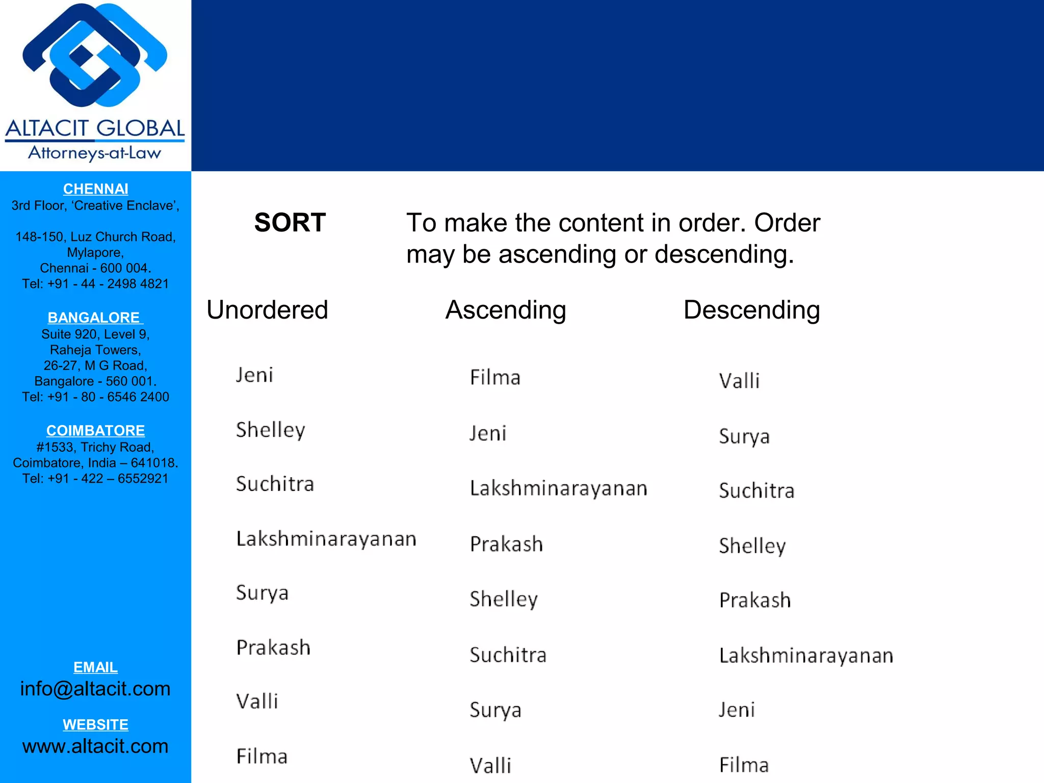 CHENNAI
3rd Floor, ‘Creative Enclave’,

148-150, Luz Church Road,
                                    SORT     To make the content in order. Order
         Mylapore,
    Chennai - 600 004.
                                             may be ascending or descending.
 Tel: +91 - 44 - 2498 4821

      BANGALORE                  Unordered      Ascending           Descending
    Suite 920, Level 9,
      Raheja Towers,
     26-27, M G Road,
   Bangalore - 560 001.
 Tel: +91 - 80 - 6546 2400

      COIMBATORE
   #1533, Trichy Road,
Coimbatore, India – 641018.
 Tel: +91 - 422 – 6552921




           EMAIL
 info@altacit.com
         WEBSITE
 www.altacit.com
 