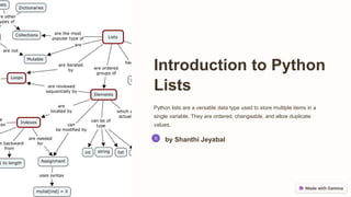 Introduction to Python
Lists
Python lists are a versatile data type used to store multiple items in a
single variable. They are ordered, changeable, and allow duplicate
values.
by Shanthi Jeyabal
 