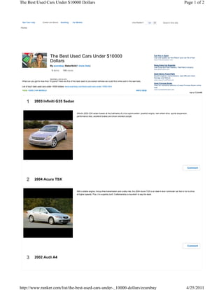 The Best Used Cars Under $10000 Dollars                                                                                                                                                         Page 1 of 2



 See Your Lists                                                                                                                Like Ranker?      Like   2K         Search this site

Home




                                The Best Used Cars Under $10000                                                                                         Car Hire in Spain
                                                                                                                                                        Low cost quality car hire Return your car full of fuel

                                Dollars                                                                                                                 www.hirecarsinspain.com


                                By ecarsbay| Bakerfeild[1 more lists]                                                                                   Hong Kong Car Exporter
                                                                                                                                                        Low Price and Fast Delivery, Feel free to enquiry.
                                                                                                                                                        www.852motors.com
                                  5 items      100 views
                                                                                                                                                        Used Heavy Truck Parts
                                                                                                                                                        Search engines, transmissions, rear diffs and more.
                                                                                                                                                        Salvage and Rebuilt
                                MODIFIED: APR 24 2011
                                                                                                                                                        www.HeavyTruckParts.net
 What can you get for less than 10 grand? Here are five of the best used or pre-owned vehicles we could find online and in the want ads.
                                                                                                                                                        Used Princess Boats
                                                                                                                                                        View our exclusive selection of used Princess Boats online
 List of top 5 best used cars under 10000 dollars: www.ecarsbay.com/best-used-cars-under-10000.html                                                     now
                                                                                                                                                        www.sunseekerlondon.com
 TAGS: CARS, CAR MODELS                                                                                                             INFO VIEW




     1        2003 Infiniti G35 Sedan


                                                               Infiniti's 2003 G35 sedan boasts all the hallmarks of a true sports sedan: powerful engine, rear-wheel drive, sports suspension,
                                                               performance tires, excellent brakes and driver-oriented cockpit.




     2        2004 Acura TSX


                                                               With a stellar engine, hiccup-free transmission and a silky ride, the 2004 Acura TSX is an ideal 4-door commuter car that is fun to drive
                                                               at higher speeds. Plus, it is superbly built. Craftsmanship is top-shelf, to say the least.




     3        2002 Audi A4




http://www.ranker.com/list/the-best-used-cars-under-_10000-dollars/ecarsbay                                                                                                                       4/25/2011
 