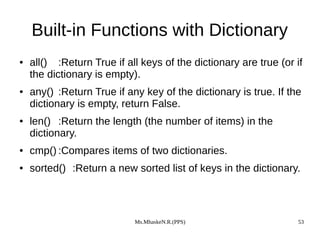 Ms.MhaskeN.R.(PPS) 53
Built-in Functions with Dictionary
● all() :Return True if all keys of the dictionary are true (or if
the dictionary is empty).
● any() :Return True if any key of the dictionary is true. If the
dictionary is empty, return False.
● len() :Return the length (the number of items) in the
dictionary.
● cmp() :Compares items of two dictionaries.
● sorted() :Return a new sorted list of keys in the dictionary.
 