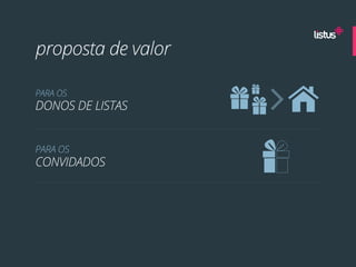 proposta de valor

PARA OS
DONOS DE LISTAS


PARA OS
CONVIDADOS
 