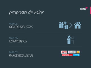 proposta de valor

PARA OS
DONOS DE LISTAS


PARA OS
CONVIDADOS


PARA OS
PARCEIROS LISTUS
 