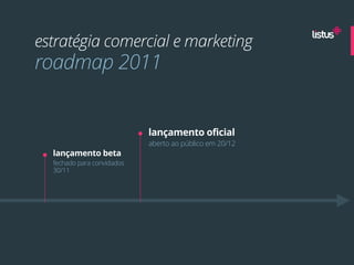 estratégia comercial e marketing
roadmap 2011


                            lançamento oficial
                            aberto ao público em 20/12
  lançamento beta
  fechado para convidados
  30/11
 