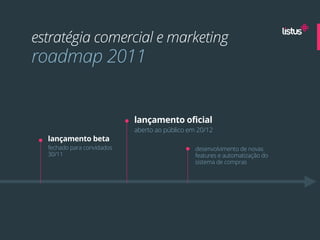 estratégia comercial e marketing
roadmap 2011


                            lançamento oficial
                            aberto ao público em 20/12
  lançamento beta
  fechado para convidados                       desenvolvimento de novas
  30/11                                         features e automatização do
                                                sistema de compras
 