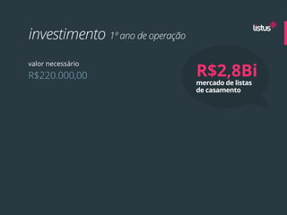 investimento 1º ano de operação

                                  R$2,8Bi
valor necessário
R$220.000,00
                                  mercado de listas
                                  de casamento
 