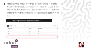 Enterprise
● editable(string): Allows or restricts the inline editing of records
directly within the list view. This can have either the values: top or
bottom. For ‘top’, the new records are created at the top of the list
and for ‘bottom’, the new records are created at the bottom of the
list.
<list string="Students" editable="bottom">
 