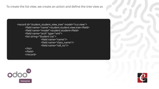 Enterprise
To create the list view, we create an action and define the tree view as
<record id="student_student_view_tree" model="ir.ui.view">
<field name="name">student.student.view.tree</field>
<field name="model">student.student</field>
<field name="arch" type="xml">
<list string="Student List">
<field name="name"/>
<field name="class_name"/>
<field name="roll_no"/>
</list>
</field>
</record>
 