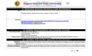 QuAmC Form 26. NOrSU COBE-CQA Syllabus
Page 7 of 9
College
Logo
C . R E Q U I R E D R E A D I N G M A T E R I A L S A N D R E F E R E N C E S
Print
Philippine Literature copyright 2000 by Alicia H. Kahayon & Celia A. Zulueta
Non-Print
http://www.authorstream.com/Presentation/aSGuest66205-516115-introduction-to-literature/
http://literature.mrdonn. Org/circles.html
http://www.angelfire.com/la2/litera1/main.html
D . C O U R S E R E Q U I R E M E N T S A N D G R A D I N G S Y S T E M
Course Requirements Attendance in all class activities
Active participation in class activities
Quizzes/ Unit tests
Mid-term and Final examinations
Grading System NORSU’s Grading System is strongly anchored on the University Code (Title Four ACADEMIC AFFAIRS, Chapter 19
EXAMINATIONS AND GRADES, Article 97, Grading System)
E . C L A S S P O L I C I E S ( S p e c i f i c t o t h e C o u r s e )
Pedagogical
Nature and
Delivery
The course implements Blended Mode of Instruction/ BMI through schoology.com. Enrollment to the said learning management
system will be discussed in the classroom. This is on a flexi-learning course as the FS fieldwork requires a presentation of Action
Research.
Attendance, Assignment
and Submission Policies
Students are required to observe attendance in the class as monitored in the School Register Form. In case of BMI, the important
dates are considered the attendance. Assignments and their submission are to be on time as announced or as scheduled in the class
sessions/ BMI.
 