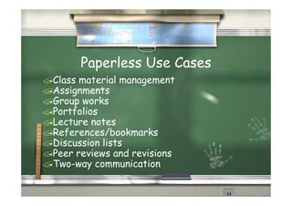 Paperless Use Cases
Class material management
Assignments
Group works
Portfolios
Lecture notes
References/bookmarks
Discussion lists
Peer reviews and revisions
P        i       d  i i
Two-way communication
 