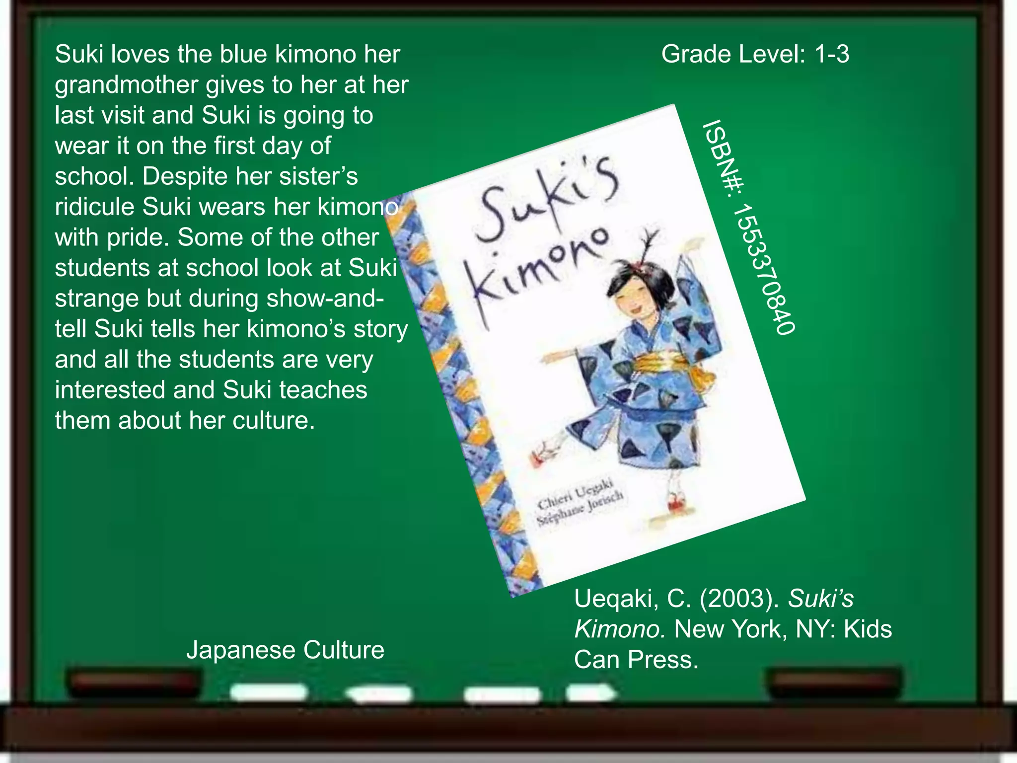 Suki loves the blue kimono her              Grade Level: 1-3
grandmother gives to her at her
last visit and Suki is going to
wear it on the first day of
school. Despite her sister’s
ridicule Suki wears her kimono
with pride. Some of the other
students at school look at Suki
strange but during show-and-
tell Suki tells her kimono’s story
and all the students are very
interested and Suki teaches
them about her culture.




                                     Ueqaki, C. (2003). Suki’s
                                     Kimono. New York, NY: Kids
            Japanese Culture         Can Press.
 