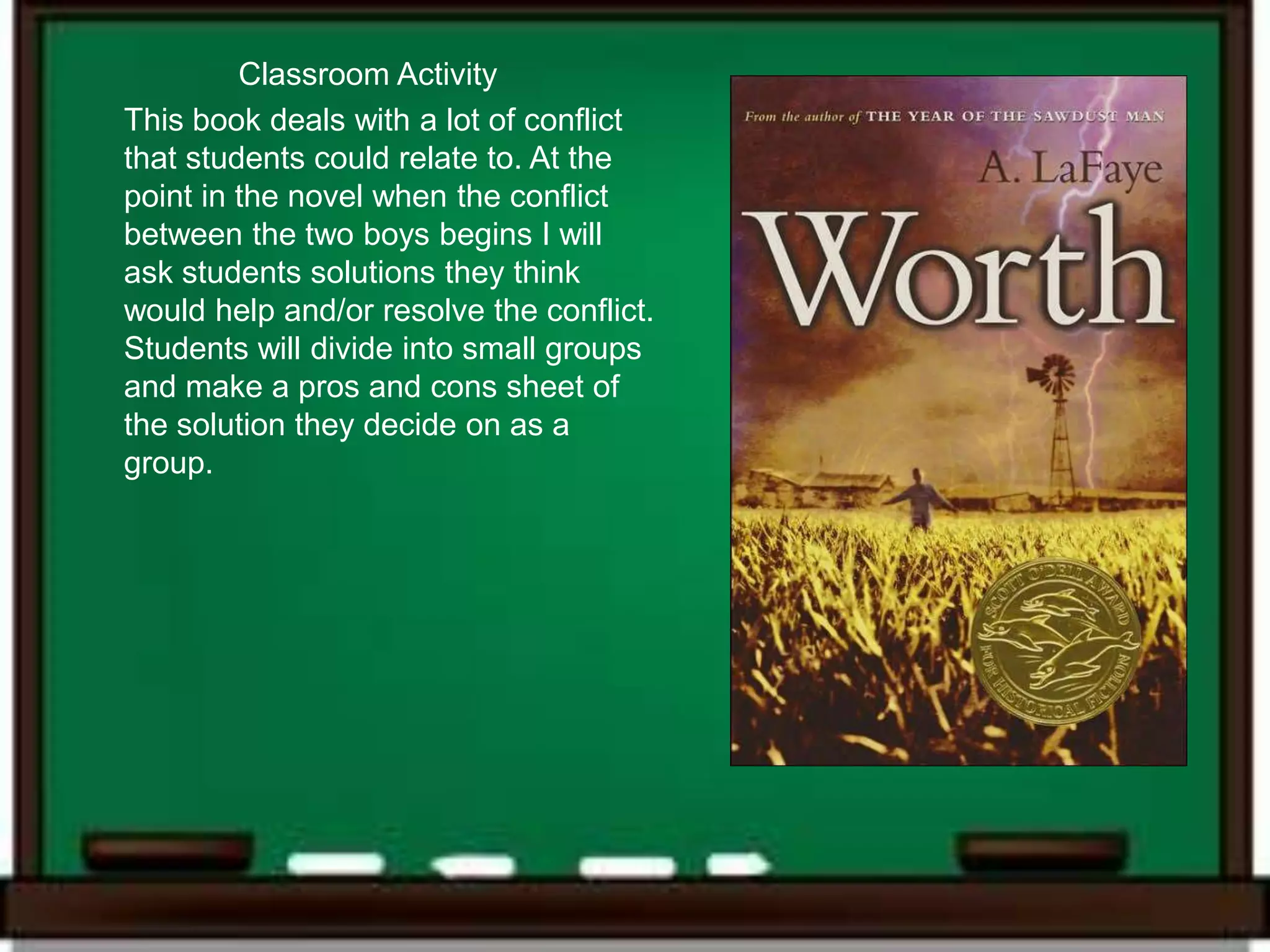 Classroom Activity
This book deals with a lot of conflict
that students could relate to. At the
point in the novel when the conflict
between the two boys begins I will
ask students solutions they think
would help and/or resolve the conflict.
Students will divide into small groups
and make a pros and cons sheet of
the solution they decide on as a
group.
 