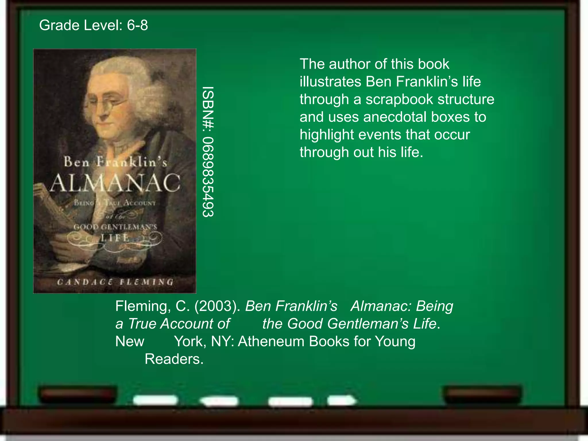 Grade Level: 6-8

                                           The author of this book
                                           illustrates Ben Franklin’s life




                       ISBN#: 0689835493
                                           through a scrapbook structure
                                           and uses anecdotal boxes to
                                           highlight events that occur
                                           through out his life.




           Fleming, C. (2003). Ben Franklin’s Almanac: Being
           a True Account of     the Good Gentleman’s Life.
           New      York, NY: Atheneum Books for Young
                Readers.
 